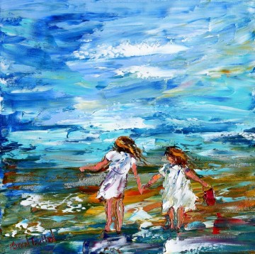  chicas Pintura al %C3%B3leo - Niñas en la playa de cuchillo Impresionismo infantil